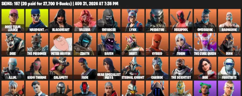 Fortnite account inventory for LVL 2545 - Rose Team Leader - Warpaint - 157 Outfits