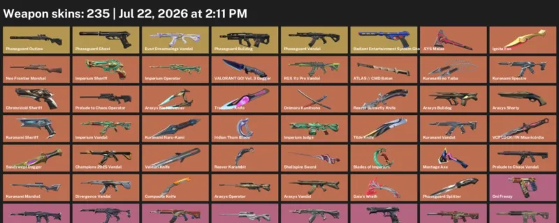 Valorant Accounts listing: LVL 654 · .SYS Melee & Composite Knife · 235 Skins - Diamond 3, 235 skins