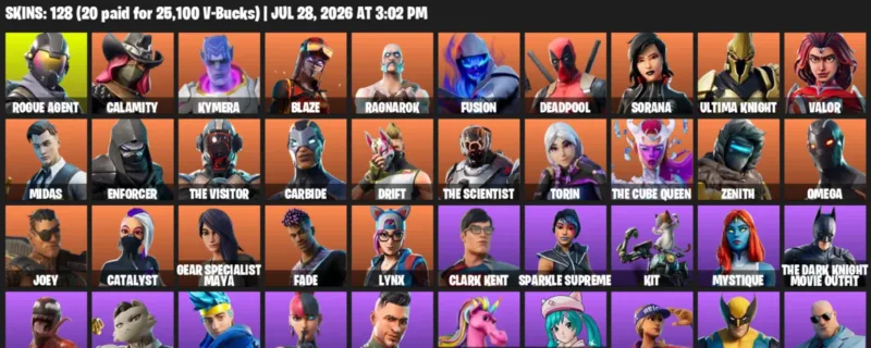 Fortnite Accounts listing: LVL 1950 - Rogue Agent - Calamity - 128 Outfits - 128 outfits