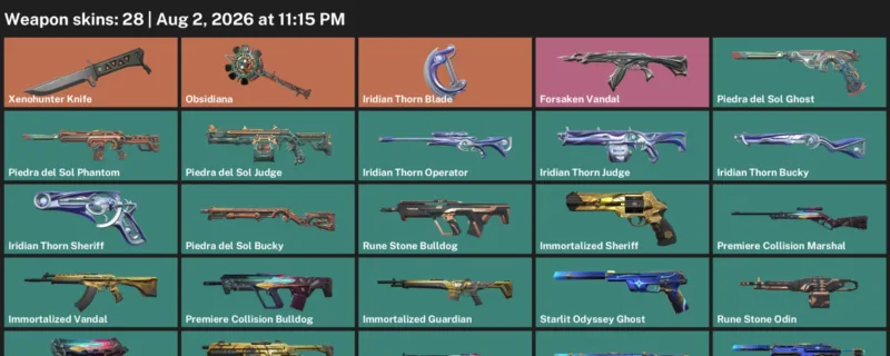 Valorant account inventory for LVL 108 · Iridian Thorn Blade & Xenohunter Knife & Forsaken Vandal