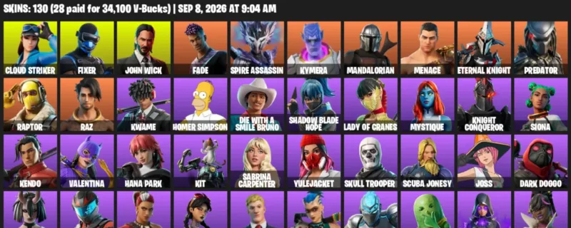 Fortnite account inventory for LVL 1453 - Cloud Striker - Fixer - 130 Outfits