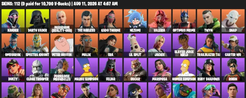 Fortnite account inventory for LVL 2649 - Xander - Darth Vader - 112 Outfits