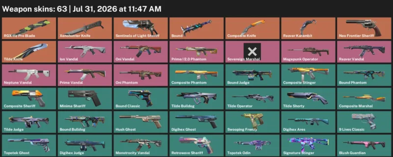 Valorant Accounts listing: LVL 231 · Composite Knife & Reaver Karambit · 63 Skins - Gold 1, 63 skins