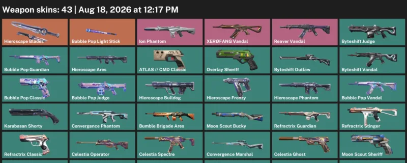 Valorant account inventory for LVL 186 · Bubble Pop Vandal & Cmd Classic
