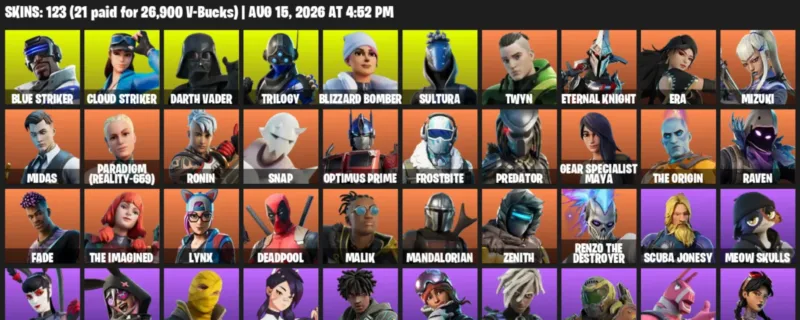 Fortnite account inventory for LVL 1883 - Blue Striker - Cloud Striker - 123 Outfits