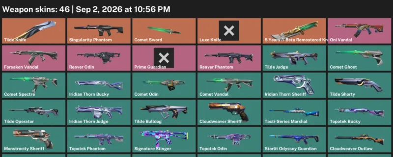 Valorant account inventory for LVL 108 · Luxe Knife & Tilde Knife