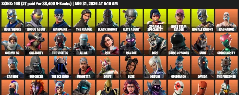 Fortnite account inventory for LVL 1607 - Blue Squire - Rogue Agent - 168 Outfits