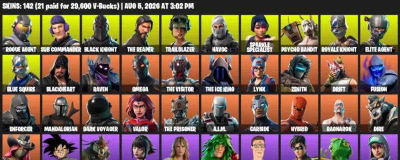 Fortnite account inventory for LVL 1766 - Rogue Agent - Sub Commander - 142 Outfits