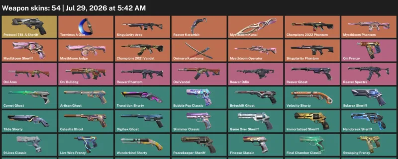 Valorant Accounts listing: LVL 555 · Mystbloom Kunai & Reaver Karambit · 54 Skins - Gold 1, 54 skins