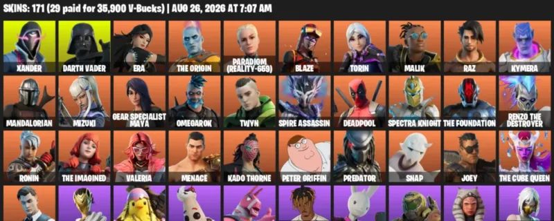 Fortnite account inventory for LVL 2202 - Xander - Darth Vader - 171 Outfits