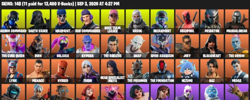 Fortnite account inventory for LVL 2304 - Carbon Commando - Darth Vader - 148 Outfits