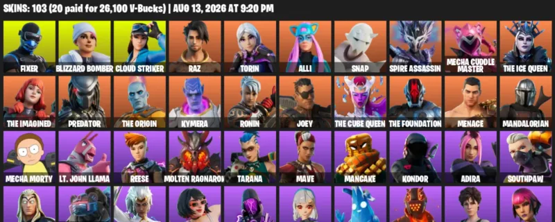 Fortnite account inventory for LVL 1199 - Fixer - Blizzard Bomber - 103 Outfits