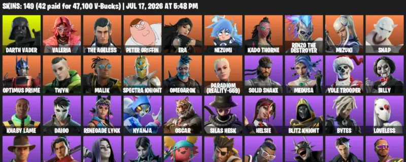 Fortnite Accounts listing: LVL 2299 - Darth Vader - Valeria - 149 Outfits - 149 outfits