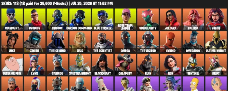 Fortnite Accounts listing: LVL 1427 - Warpaint - Prodigy - 113 Outfits - 113 outfits