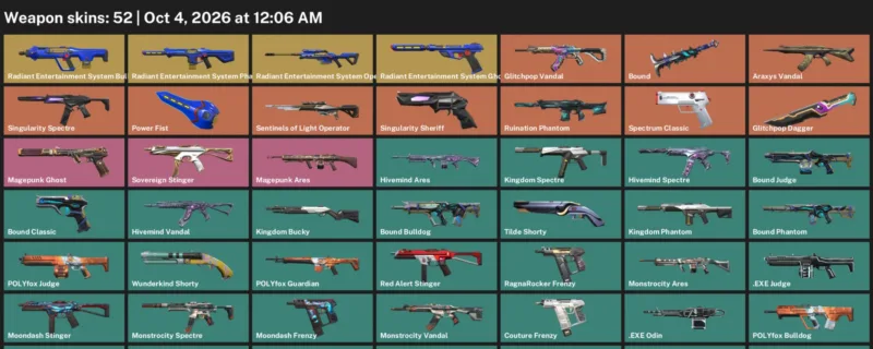 Valorant account inventory for LVL 82 · Glitchpop Dagger & Araxys Vandal