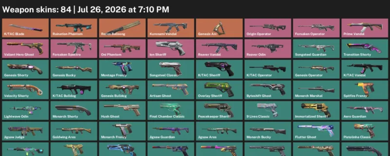 Valorant Accounts listing: LVL 410 · K/TAC Blade · 84 Skins - Platinum 1, 84 skins