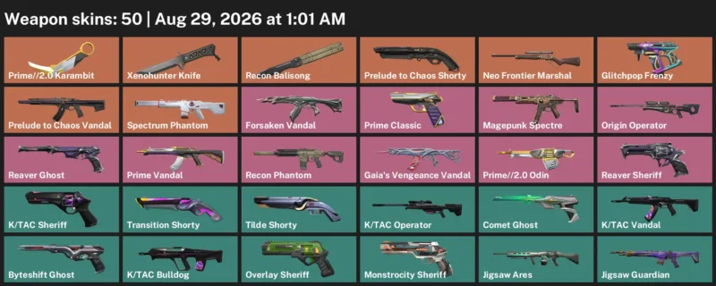 Valorant account inventory for LVL 285 · 2.0 Karambit & Xenohunter Knife & Forsaken Vandal