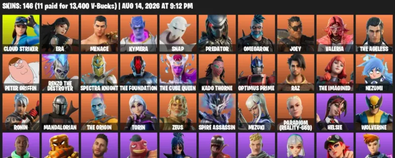 Fortnite account inventory for LVL 2147 - Cloud Striker - Era - 146 Outfits