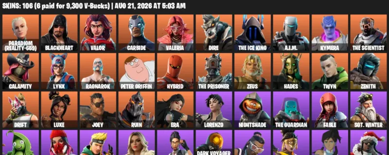 Fortnite account inventory for LVL 2007 - Paradigm (Reality-659) - Blackheart - 106 Outfits