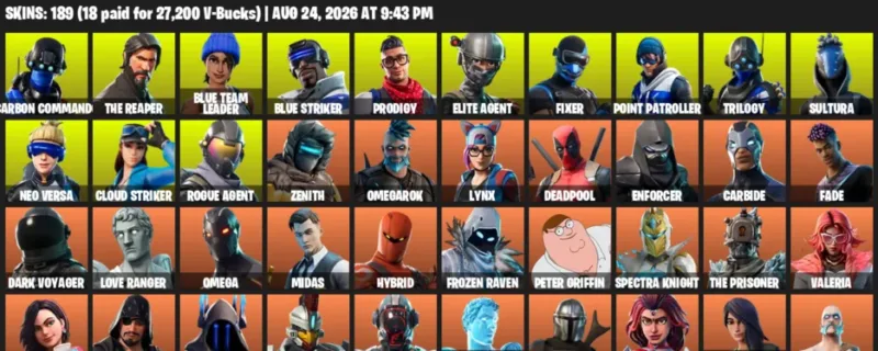 Fortnite account inventory for LVL 1896 - Carbon Commando - The Reaper - 189 Outfits