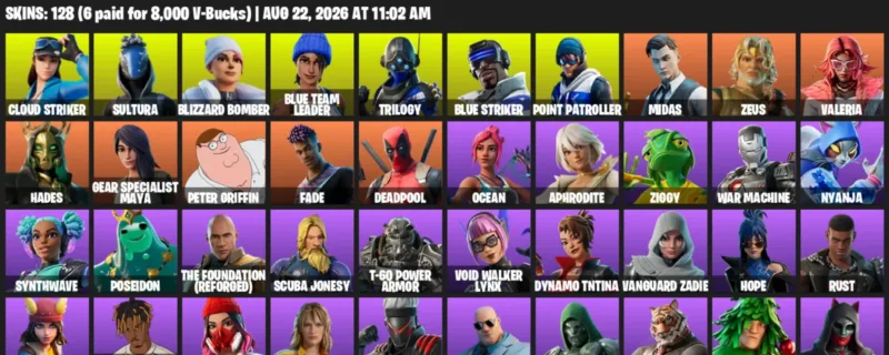 Fortnite account inventory for LVL 2603 - Cloud Striker - Sultura - 128 Outfits