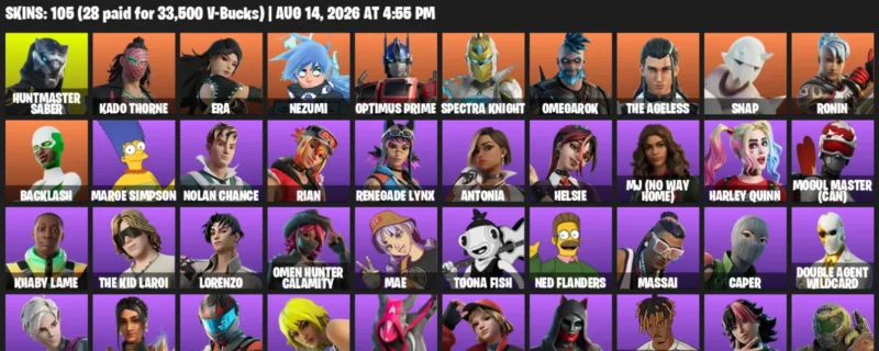 Fortnite account inventory for LVL 1246 - Huntmaster Saber - Kado Thorne - 105 Outfits