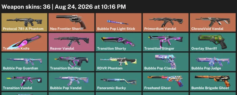 Valorant account inventory for LVL 192 · Transition Knife & Bubble Pop Vandal