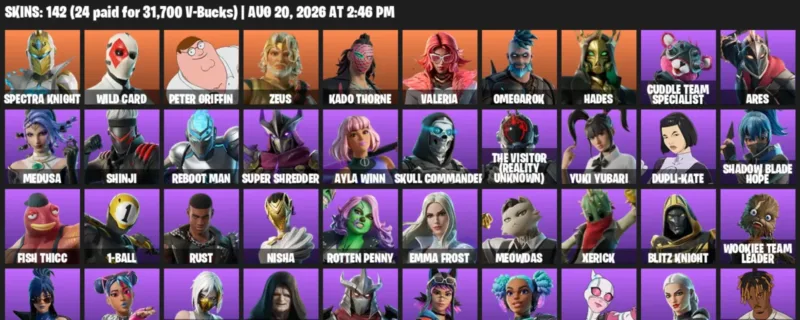 Fortnite account inventory for LVL 2394 - Spectra Knight - Wild Card - 142 Outfits
