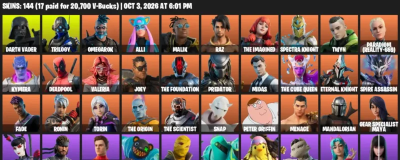 Fortnite account inventory for Darth Vader - Trilogy - 120 Outfits