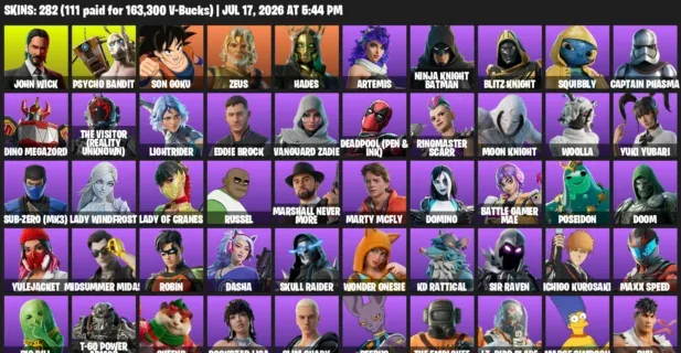 Fortnite Accounts listing: LVL 3442 - John Wick - Psycho Bandit - 282 Outfits - 282 outfits