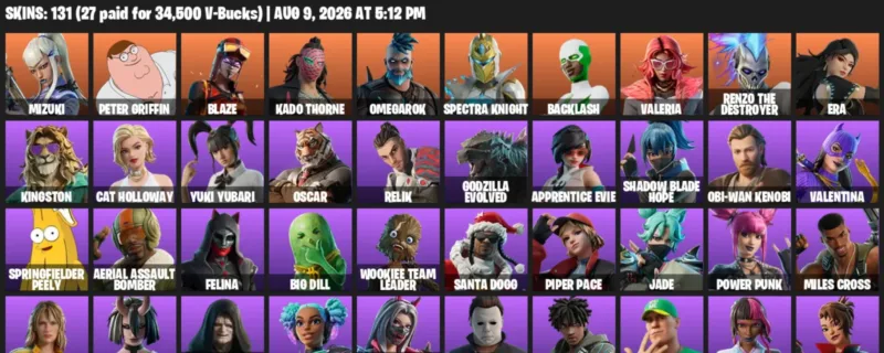 Fortnite account inventory for LVL 1559 - Mizuki - Peter Griffin - 131 Outfits