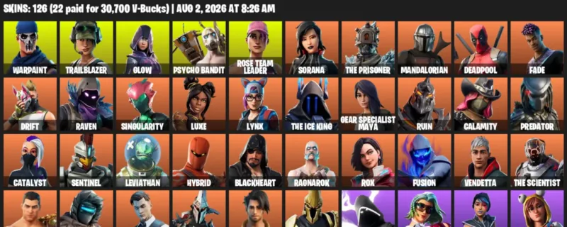 Fortnite account inventory for LVL 2028 - Warpaint - Trailblazer - 126 Outfits