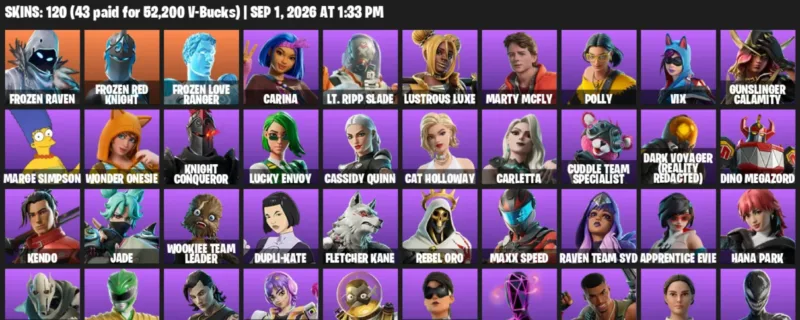 Fortnite account inventory for LVL 2185 - Frozen Raven - Frozen Red Knight - 120 Outfits