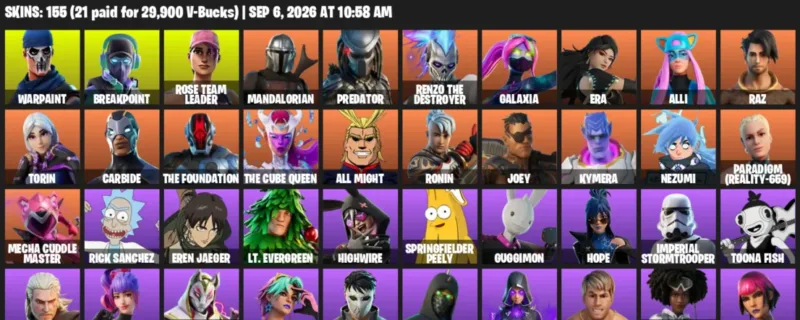 Fortnite account inventory for LVL 1479 - Warpaint - Breakpoint - 155 Outfits