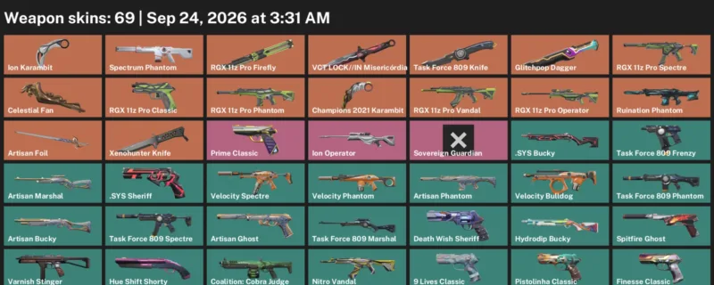 Valorant account inventory for LVL 204 · Champions 2021 Karambit & Ion Karambit