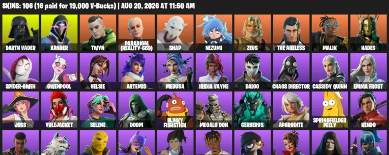 Fortnite account inventory for LVL 2175 - Darth Vader - Xander - 106 Outfits