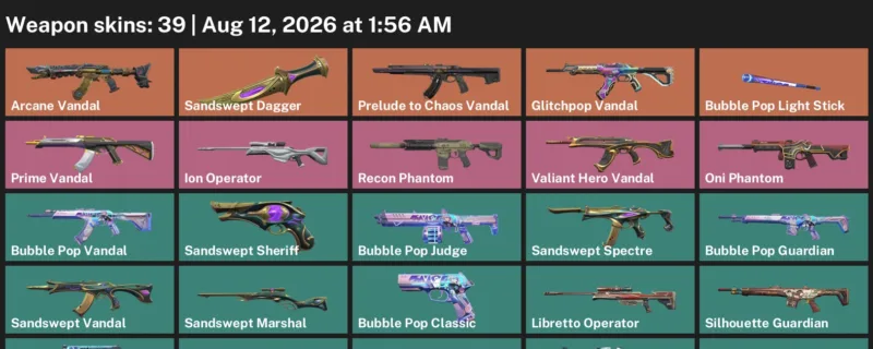 Valorant account inventory for LVL 168 · Arcane Vandal & Sandswept Dagger