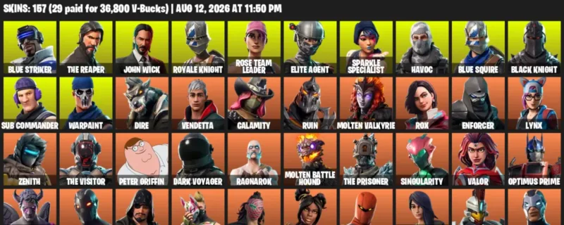 Fortnite account inventory for LVL 2276 - Blue Striker - The Reaper - 157 Outfits
