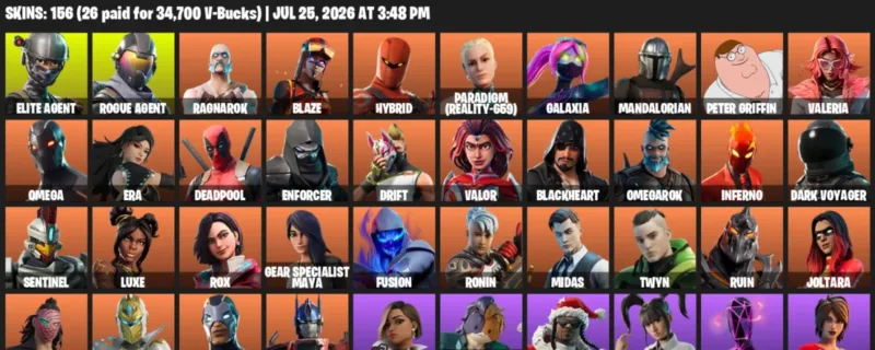 Fortnite Accounts listing: LVL 2150 - Elite Agent - Rogue Agent - 156 Outfits - 156 outfits