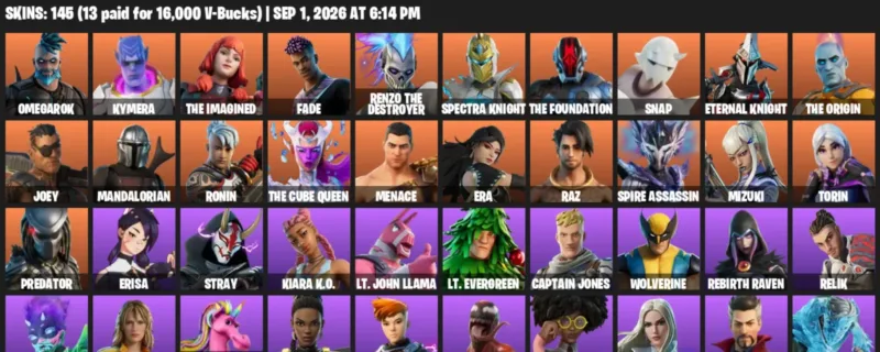 Fortnite account inventory for LVL 2786 - Omegarok - Kymera - 145 Outfits