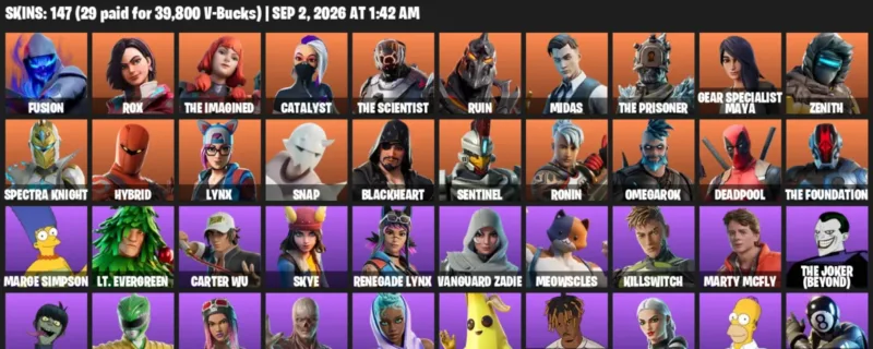 Fortnite account inventory for LVL 3125 - Fusion - Rox - 147 Outfits