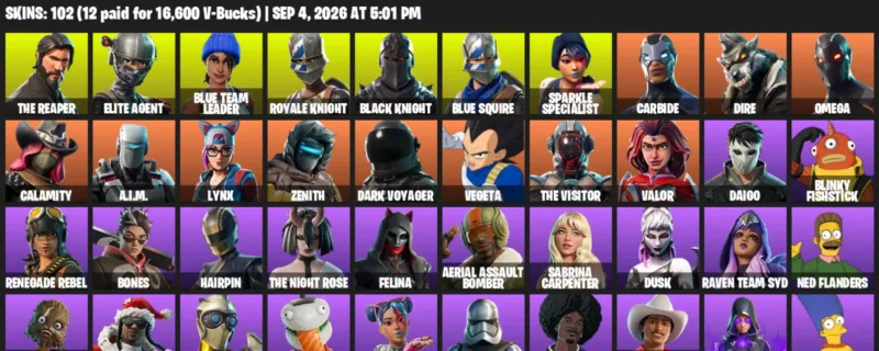 Fortnite account inventory for LVL 1605 - The Reaper - Elite Agent - 102 Outfits