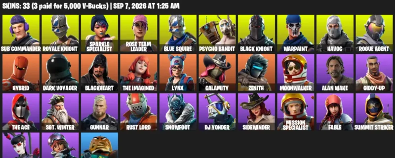 Fortnite account inventory for LVL 324 - Sub Commander - Royale Knight - 33 Outfits