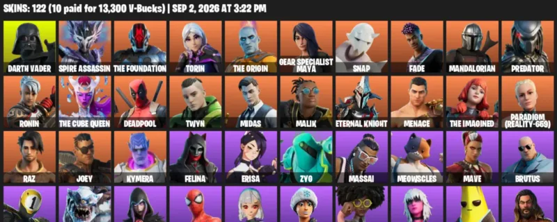 Fortnite account inventory for LVL 2364 - Darth Vader - Spire Assassin - 122 Outfits