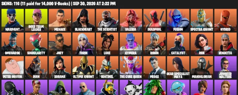 Fortnite account inventory for Warpaint - Rose Team Leader - 116 Outfits
