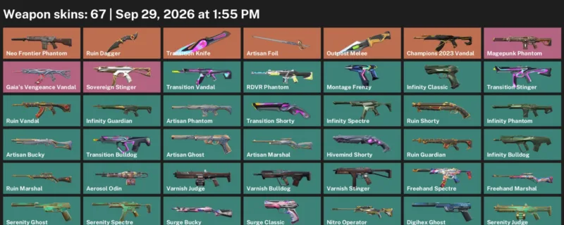 Valorant account inventory for LVL 267 · Transition Knife & Ruin Dagger