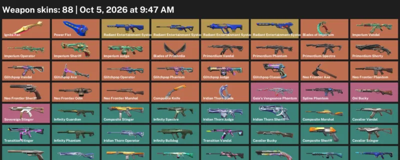 Valorant account inventory for LVL 129 · Composite Knife & Ignite Fan & Iridian Thorn Blade