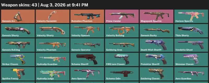 Valorant account inventory for LVL 217 · Velocity Karambit & Aero Phantom
