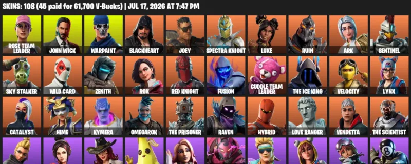 Fortnite Accounts listing: LVL 1082 - Rose Team Leader - John Wick - 108 Outfits - 108 outfits