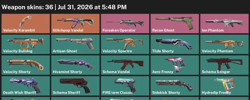Valorant account inventory for LVL 223 · Glitchpop Vandal & Forsaken Operator